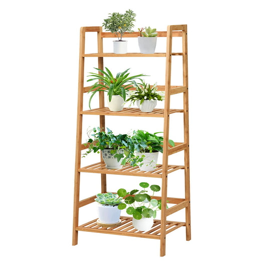 COSTWAY 4-tier Ladder Shelf, Bamboo Plant Stand Rack, Freestanding Bookshelf, Multifunctional Storage Shelves, Flower Stand Rack Holder for Garden, Balcony, Living Room, Bedroom (Natural)