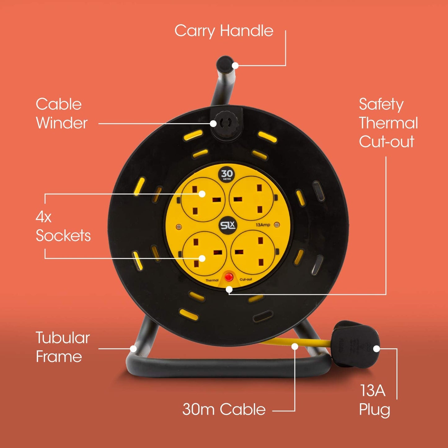 Extension Lead 30m Heavy Duty Cable Reel, 4 Socket Cord Reel UK Plug Socket with Thermal Cut-Out Protection 13A Fused Plug