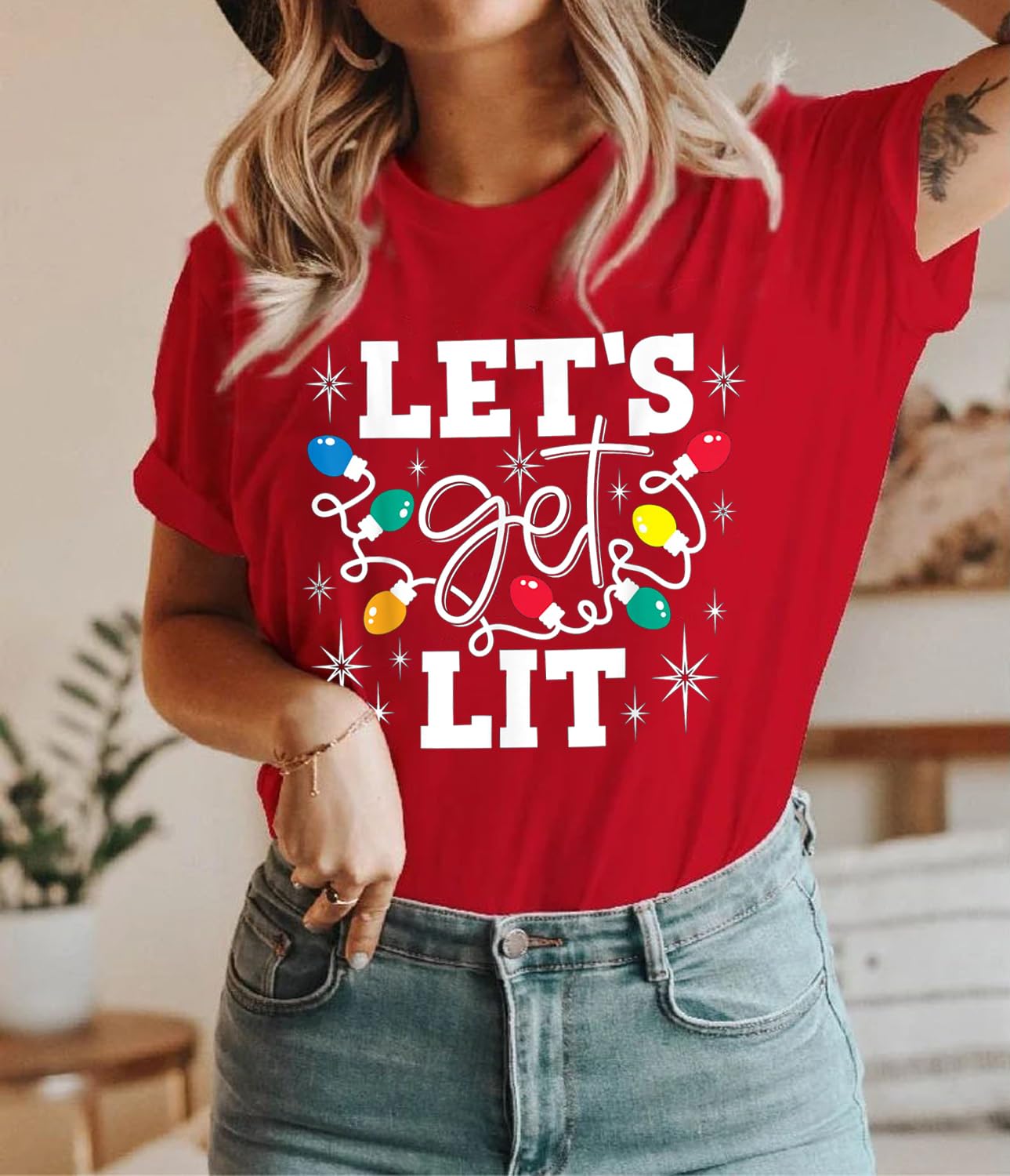 Christmas Shirts for Women Let's Get Lit Shirt Cute Lights Graphic Short Sleeve Xmas Tops TeesS Red