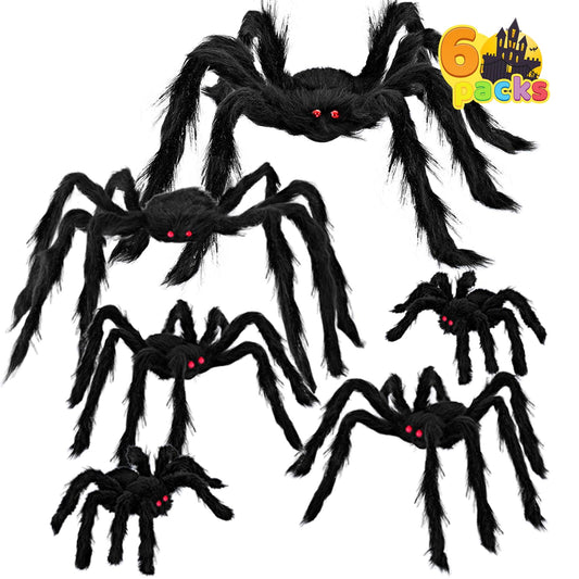 JOYIN 6 Packs Halloween Outdoor Decorations Giant Spiders Set, Halloween Decor Outside, Black Hairy Large Spider with Different Size for Lawn, Yard Decor (30", 30", 20", 20", 12", 12")