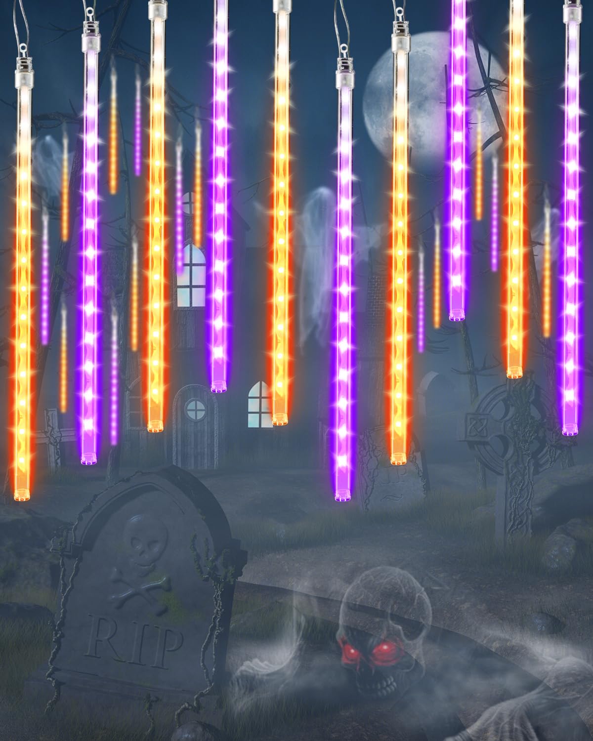 Halloween Lights Outdoor 20 Tubes 480 LED Raindrop Meteor Shower Icicle Lights with Timer Function Cascading Light Falling Rain Light for Halloween Orange Purple