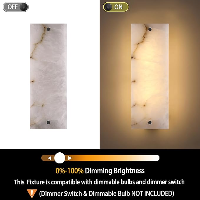 2 Pack 2 Light 15" Alabaster Marble Bathroom Wall Sconce Modern Concise Style Wall Light Fixture,Black Finish for Bedroom Hallway Bedside