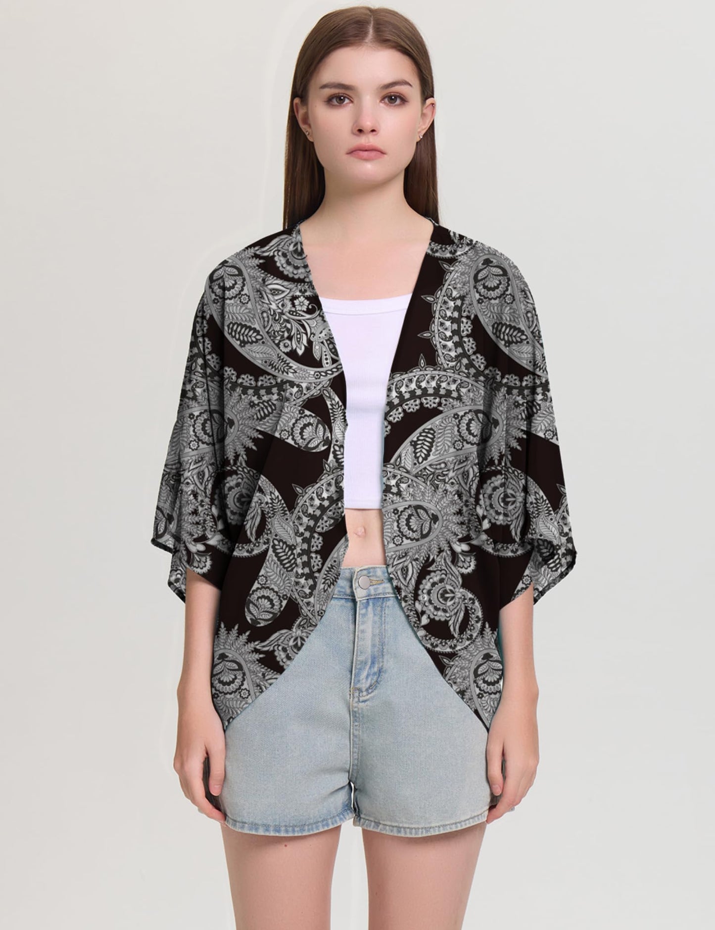 Chunoy Women Summer Paisley Short Sleeve Open Front Beach Tops Chiffon Casual Kimono Cardigan Cover Up Black Large