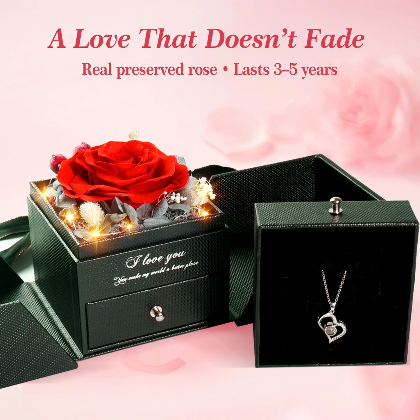 cdco Valentines Day Gifts for Her Women Girlfriend Wife Fiancée - Preserved Real Rose with Heart Necklace “I Love You” in 100 Languages, Valentine's Forever Flowers