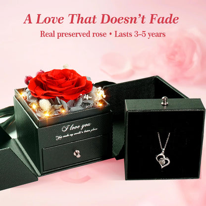 cdco Valentines Day Gifts for Her Women Girlfriend Wife Fiancée - Preserved Real Rose with Heart Necklace “I Love You” in 100 Languages, Valentine's Forever Flowers