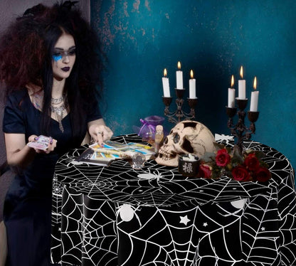 60 Inch Round Polyester Tablecloth, Halloween Black Spider Web Table Cloth, Spillproof Washable Polyester Table Cover - Perfect for Halloween Party Decorations