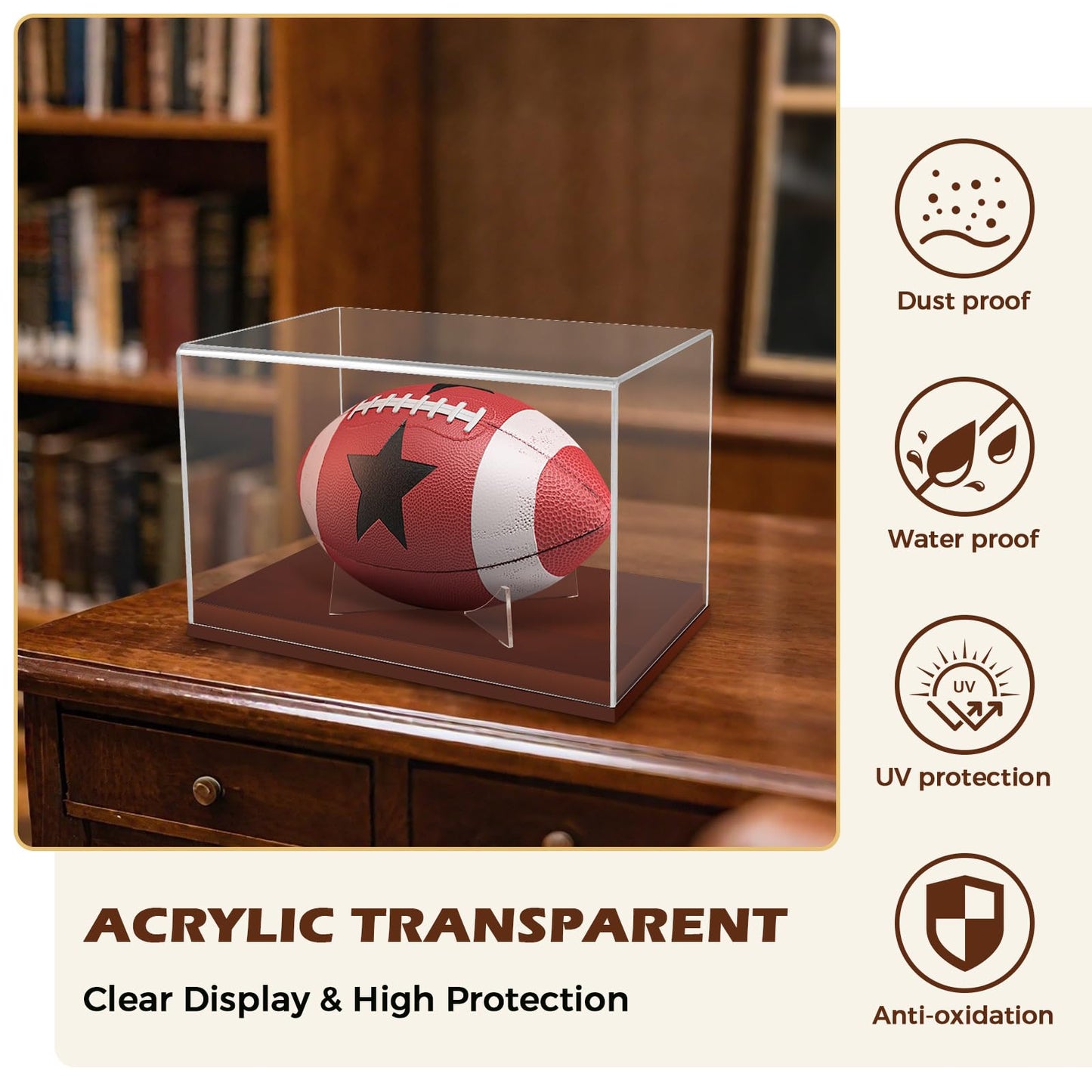WYFHLPMMA Full Size Football Display Case, Acrylic Football Case Display Case Autographed Football Holder, Acrylic Transparent Box with Wooden Support and Solid Wood Base