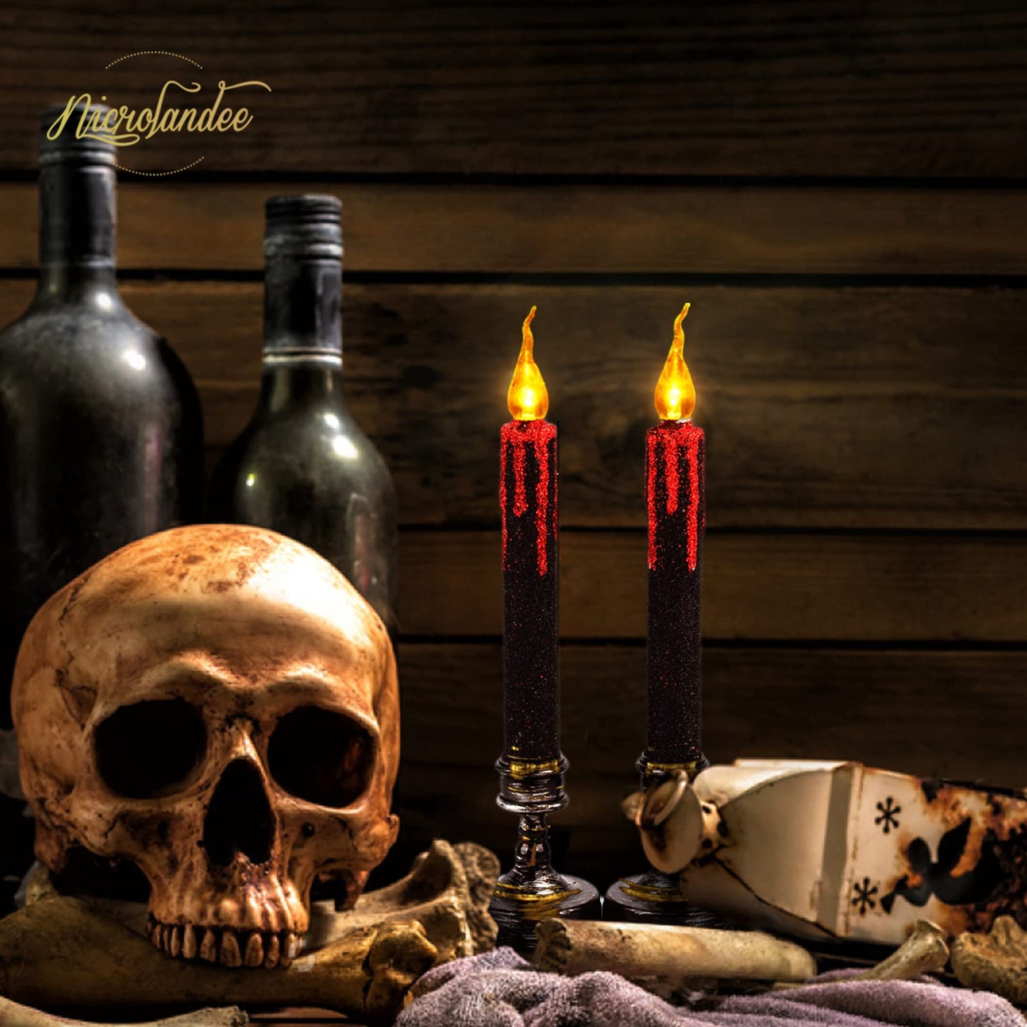 Nicrolandee Halloween Decorations, 2 PCS Blood Dripping Flameless Candles Led Taper Candle with Remote Control, Amber Warm Yellow Flickering Candle for Halloween Home Decor, Horror Party Decorations