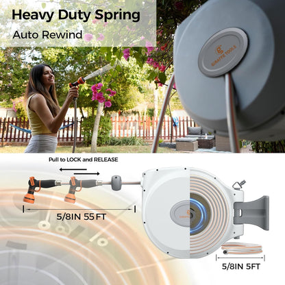 Giraffe Tools CW20 Retractable Garden Hose Reel 5/8" x 60 ft Heavy Duty Water Hose Reel, Swivel Bracket, Any Length Lock, Light Grey