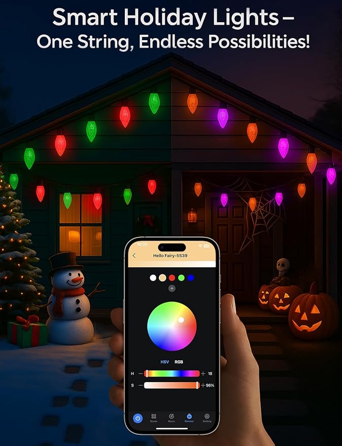 LED C9 Christmas Lights Outdoor,100FT 150 LEDs,App Remote Controlled RGB Smart String Lights with DIY,Music Sync & Timer,108 Modes,Waterproof & Extendable for Roofline,House,Xmas Tree,Halloween Decor