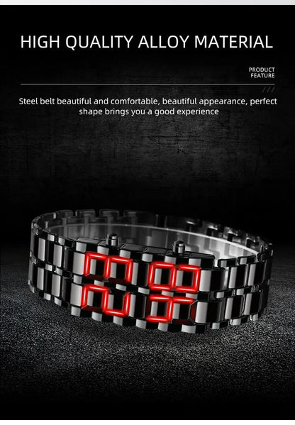 Fashion Full Metal Digital Lava Wrist Watch Men LED Display Watches Gifts for Male Female Sport Creative Watch (Black Red)
