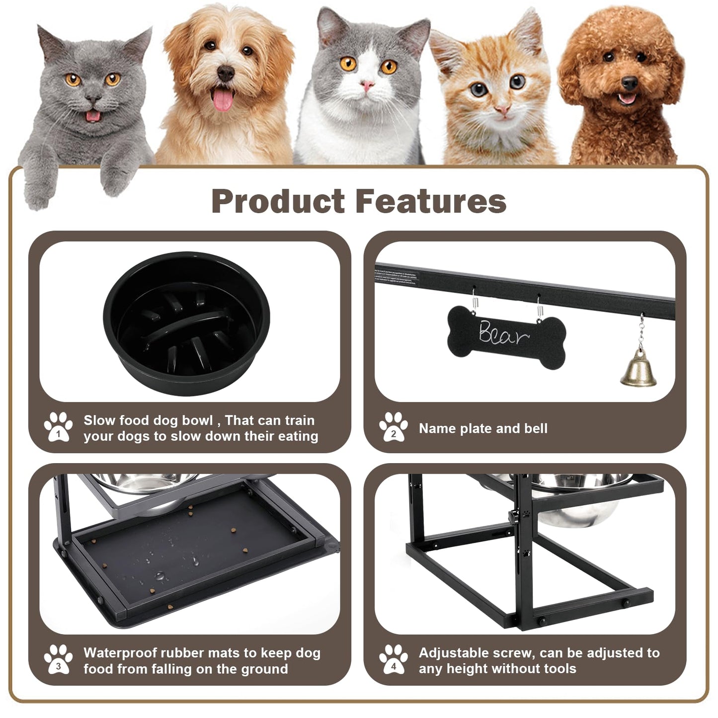 Elevated Slow Feeder Bowls for Large Dogs - Adjustable Height, 2 Stainless Steel Bowls, Spill-Proof Mat - Great for Medium Dogs Too (Black)