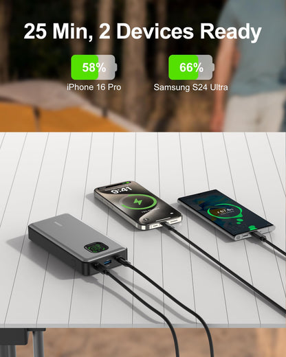 65W Power Bank, 25000mAh Travel Essential USB C Laptop Portable Charger, 100W Total Fast Charging Battery Pack for MacBook Dell XPS iPad Tablet Steam Deck iPhone 17-12 Series Samsung Switch and More