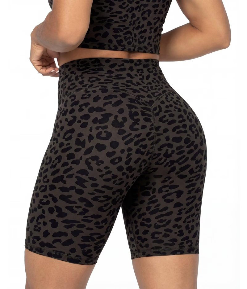 Sunzel 8" Waist Biker Shorts for Women No Front Seam Soft Yoga Workout Gym Bike Shorts Tummy Control Squat Proof Leopard Seal Brown Small
