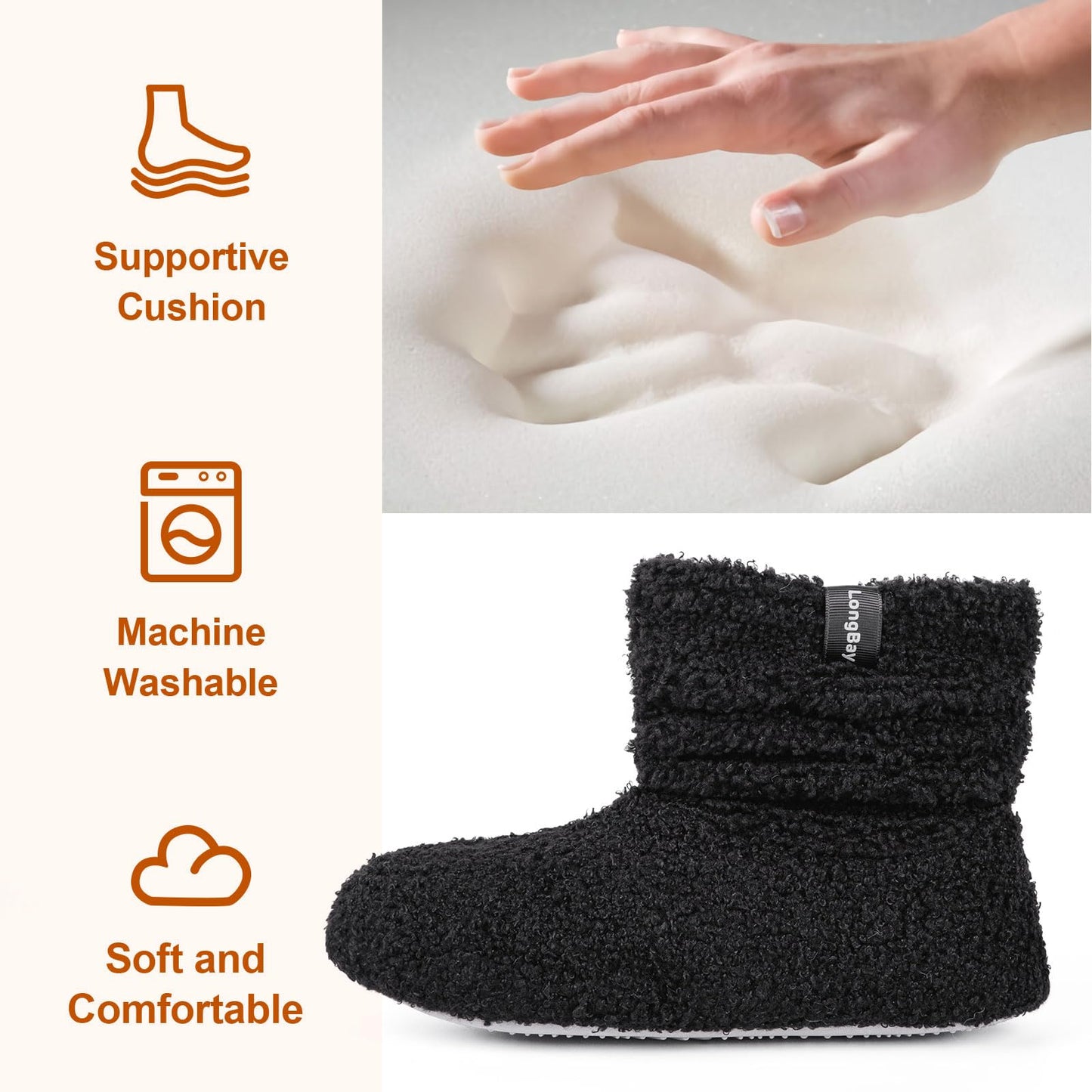 LongBay Women’s Warm Curly Fur Bootie Slippers Comfy Plush Fleece Boots Memory Foam House Shoes (Small / 5-6, Black)