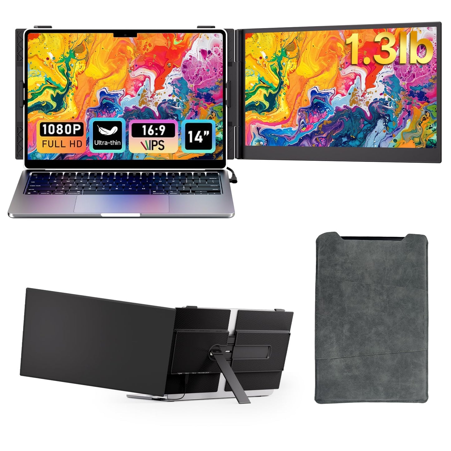 Laptop Screen Extender - Ultra-Thin 1.3lbs 14" FHD IPS Dual Portable Monitor Extension for Laptop, Attachment Plug & Play for 13-17" Laptops, Second Extra Travel Display for Windows/Mac/Android