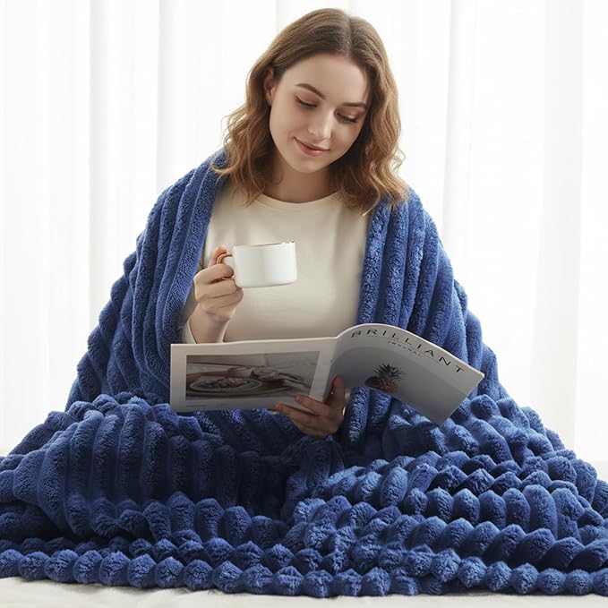decorUhome Soft Fleece Navy Blue Twin Blanket for Bed, Cozy Fluffy Plush Flannel Striped Throws for Couch Sofa, Lightweight Decorative Ribbed Fuzzy Blanket for Woman, 60x80 Inches