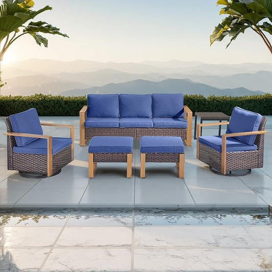 Rilyson Outdoor Wicker Patio Furniture Set - 6 Piece Patio Conversation Set with 2 Wicker Swivel Rocker Chairs,2 Rattan Ottoman,1 Side Table and 1 Couch,Thick Cushions,Deep Seating(Brown/Blue)