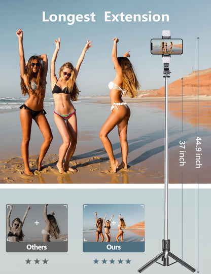 Selfie Stick Tripod with 2 Fill Lights, 45'' Extra Long Phone Tripod with Detachable Remote, Compatible with iPhone, Samsung, Smartphones