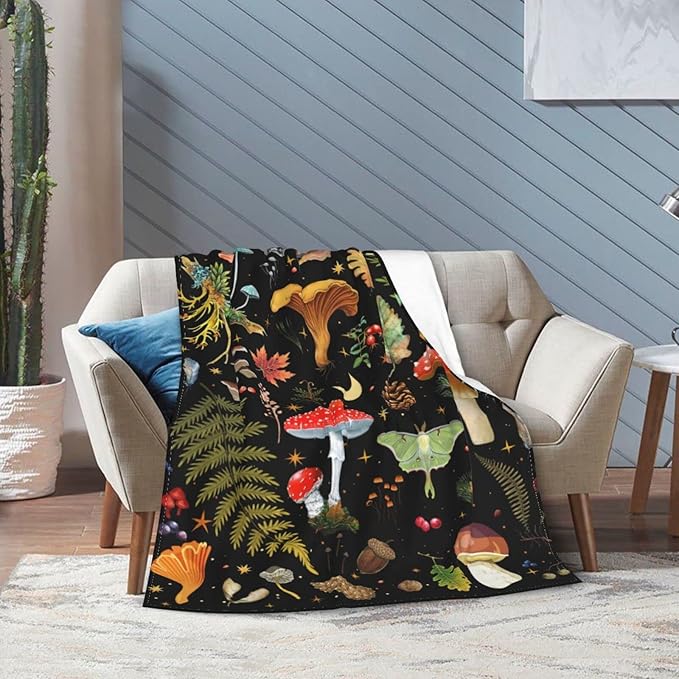 Mushroom Flannel Fleece Bed Blanket Throw Blanket Lightweight Cozy Plush Blanket for Bedroom Living Rooms Sofa Couch 80"X60"