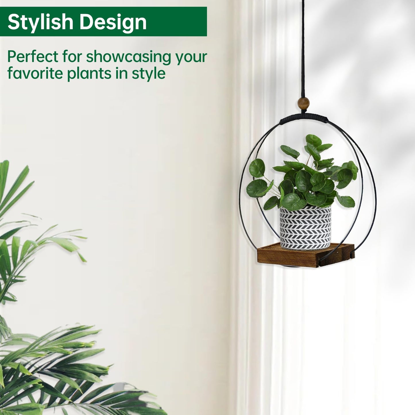hismocal Hanging Planter for Indoor Plants, Black Plant Hanger Indoor with Sturdy Wood Base, Modern Boho Macrame Plant Hanger, Hanging Wall Ceiling Window Home Decor (Plants/Pots Not Included)