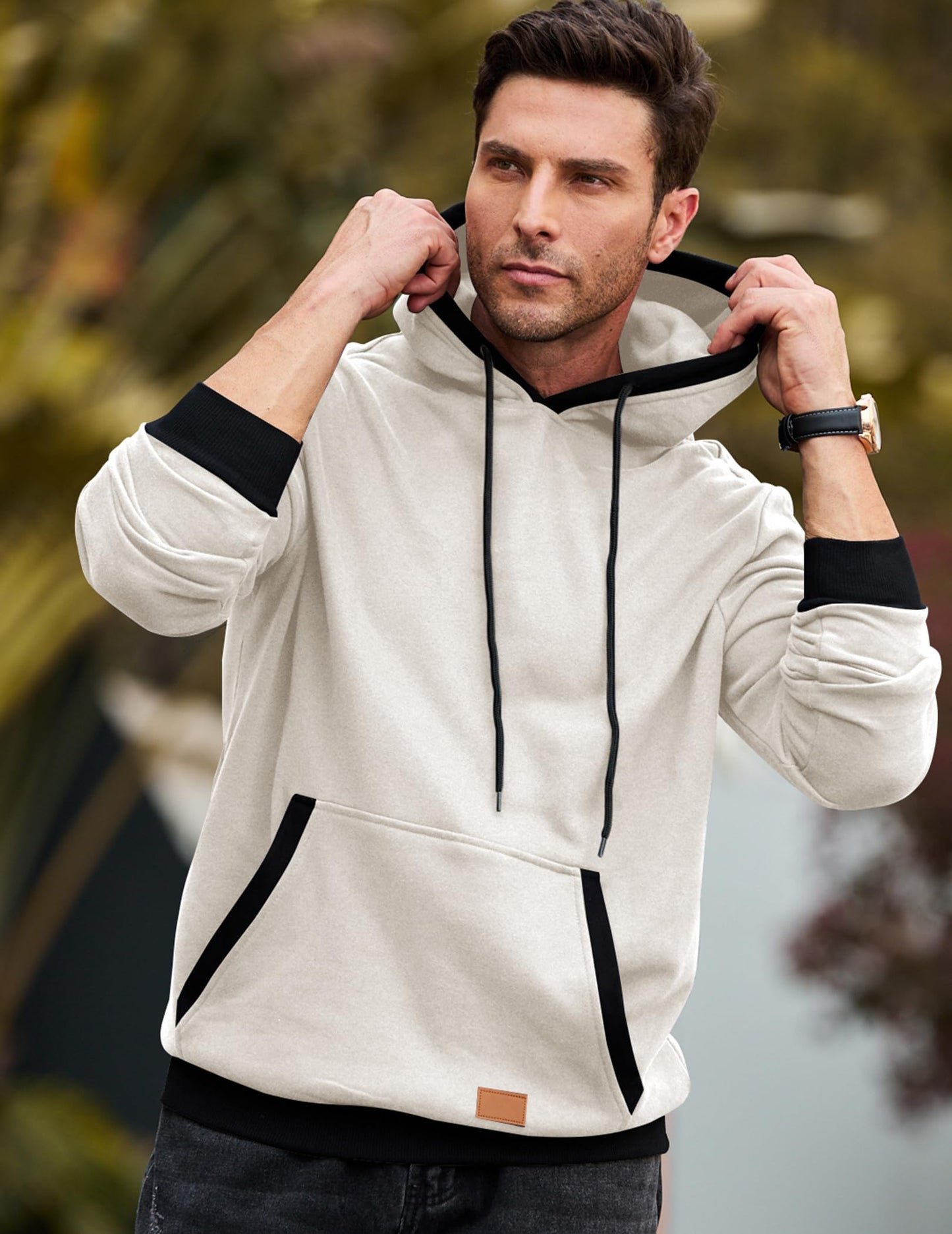 JMIERR Mens Hooded Sweatshirt Cotton Fashion Fleece Long Sleeve Drawstring Fall Shirts with Kangaroo Pocket Athletic Gym Essentials Hoodies, L, White