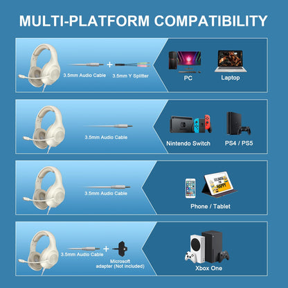 Gaming Headset for PS5 PS4 PC, Wired Headsets with 7.1 Surround Sound, H-7 Gaming Over Ear Headphones with Noise Cancelling Flexible Mic Memory Earmuffs, for PC/PS5/PS4/XboxSeries X/S/Switch (White)