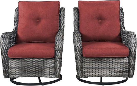 Rilyson Patio Chairs Rocking Swivel Chiar - 2 Piece Outdoor Wicker Furniture Chairs Set Rattan Rocker Chairs with High Back and Deep Seating for Outside Porch Deck Garden(Mixed Grey/Red)
