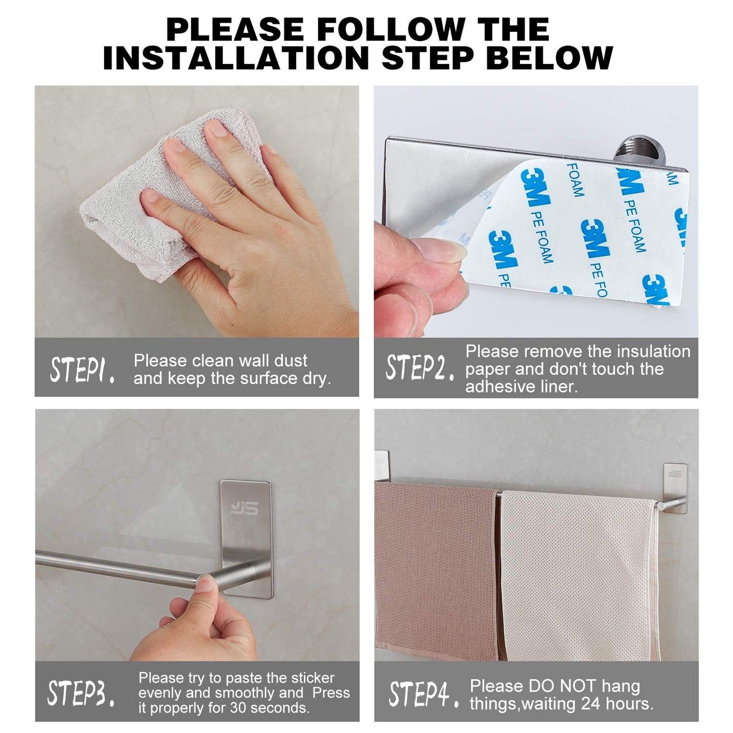 JS Towel Rail Holder 30CM Towel Bar Stainless Steel Adhesive Rails No Drilling Small Shower Tea Towel Rack Shelf for Bathroom Hardware and Kitchen