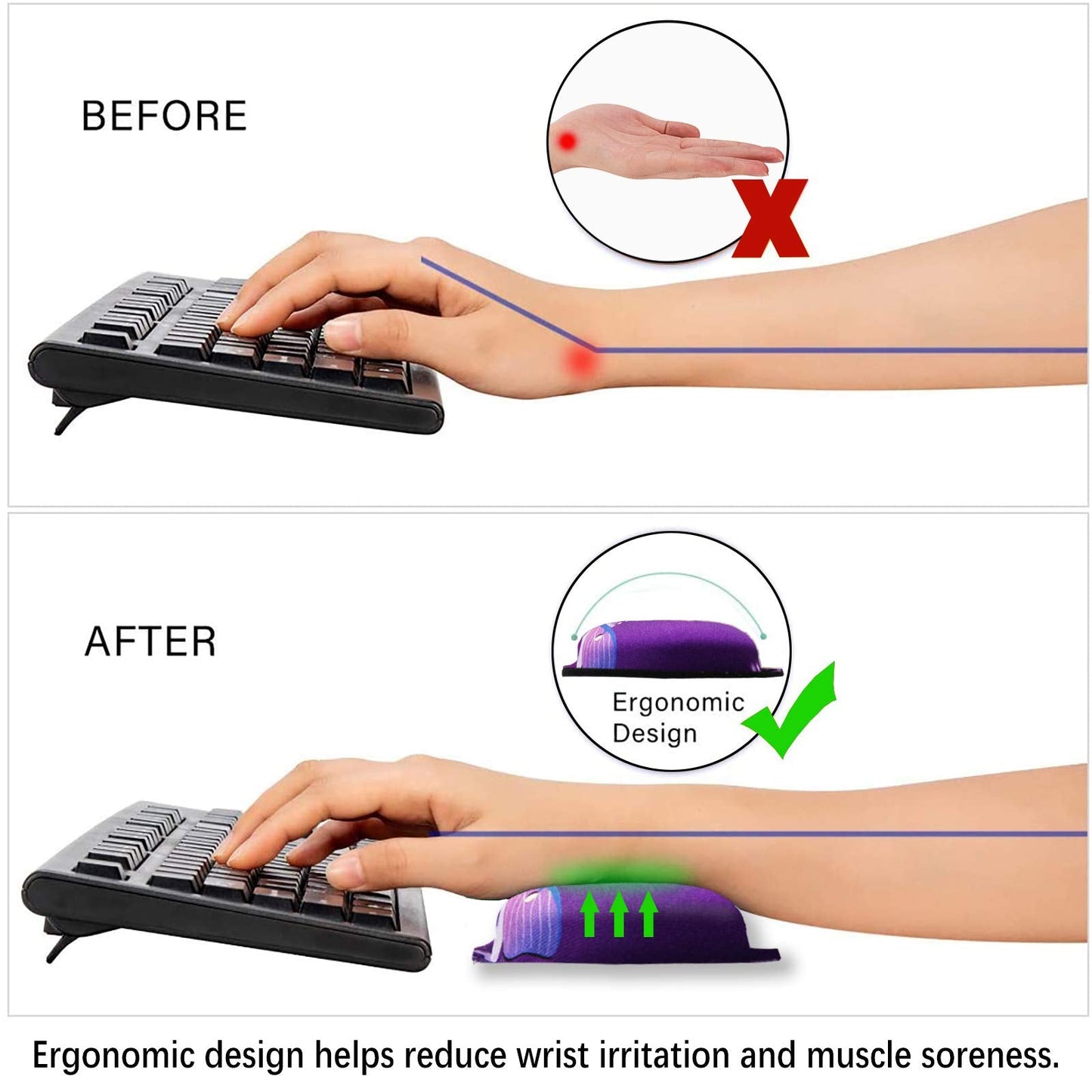 ArtSo Upgraded Wrist Rest Support for Mouse Pad & Keyboard, Ergonomic Gel Mousepad Non-Slip Rubber Base Home,Office Pain Relief, Easy Typing Cushion Neoprene, Soft Memory Foam, Purple Heart Butterfly
