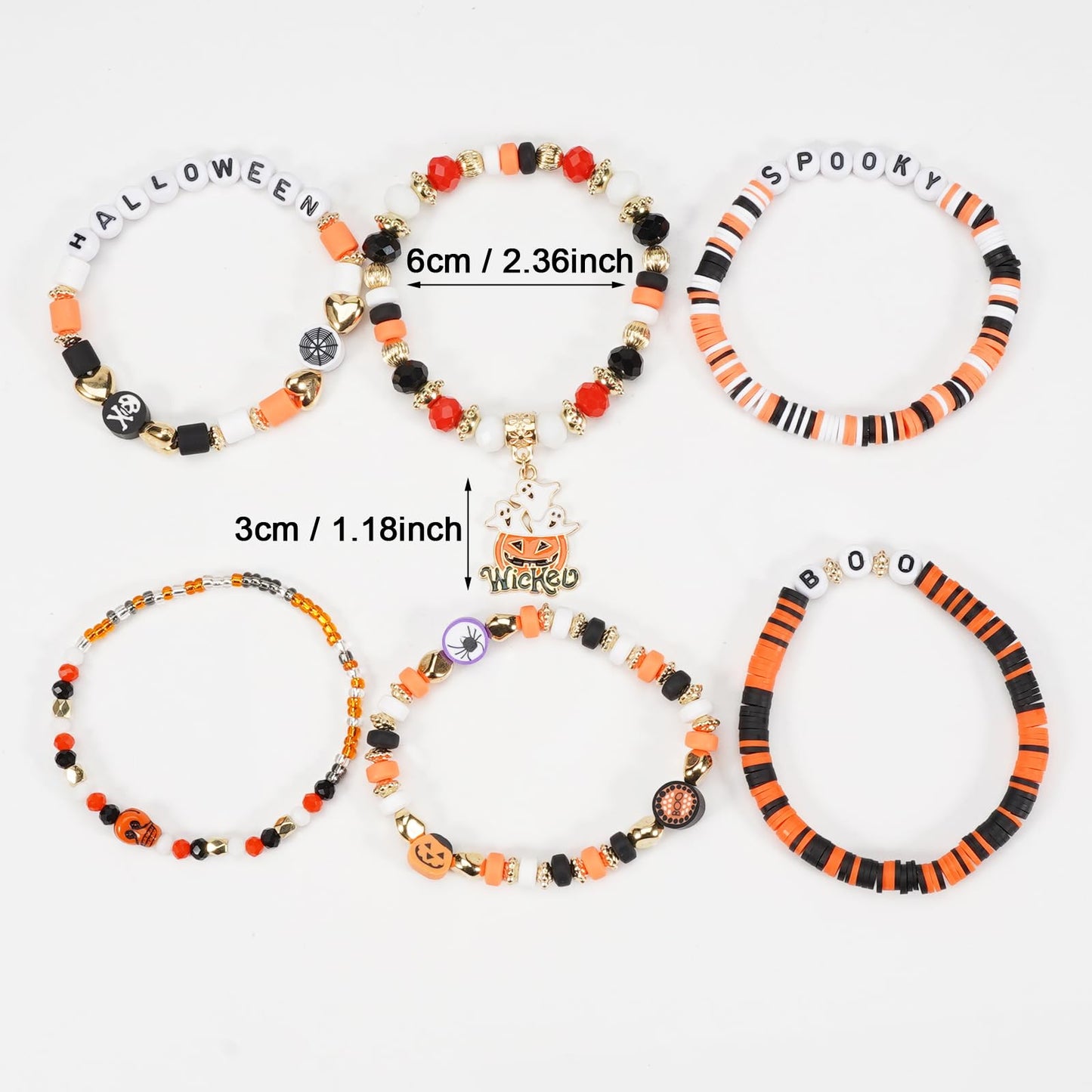 Twinfree 4 Sets Halloween Stretch Bracelets for Women, Pumpkin Ghost Cat Bat Design Beaded Bracelet