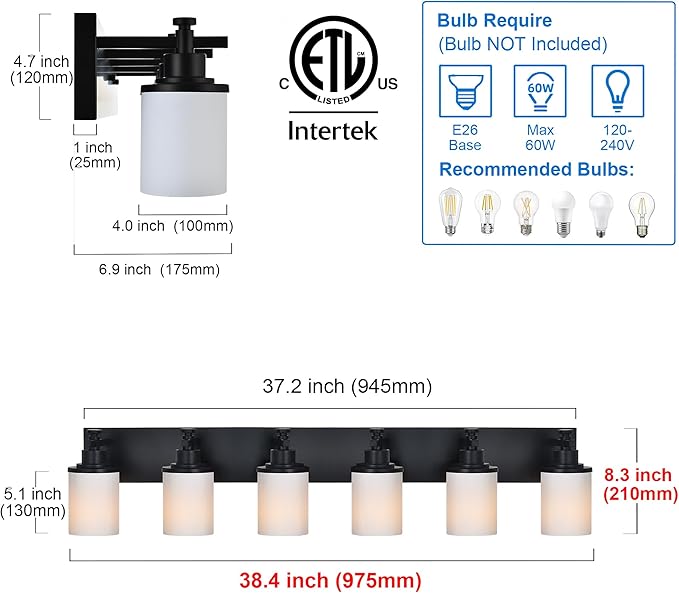 MELUCEE 6 Light Vanity Lighting Fixtures, Matte Black Bathroom Vanity Light with Milky White Glass Shade, Industrial Wall Sconce Lighting for Bath Dressing Room Living Room Hallway