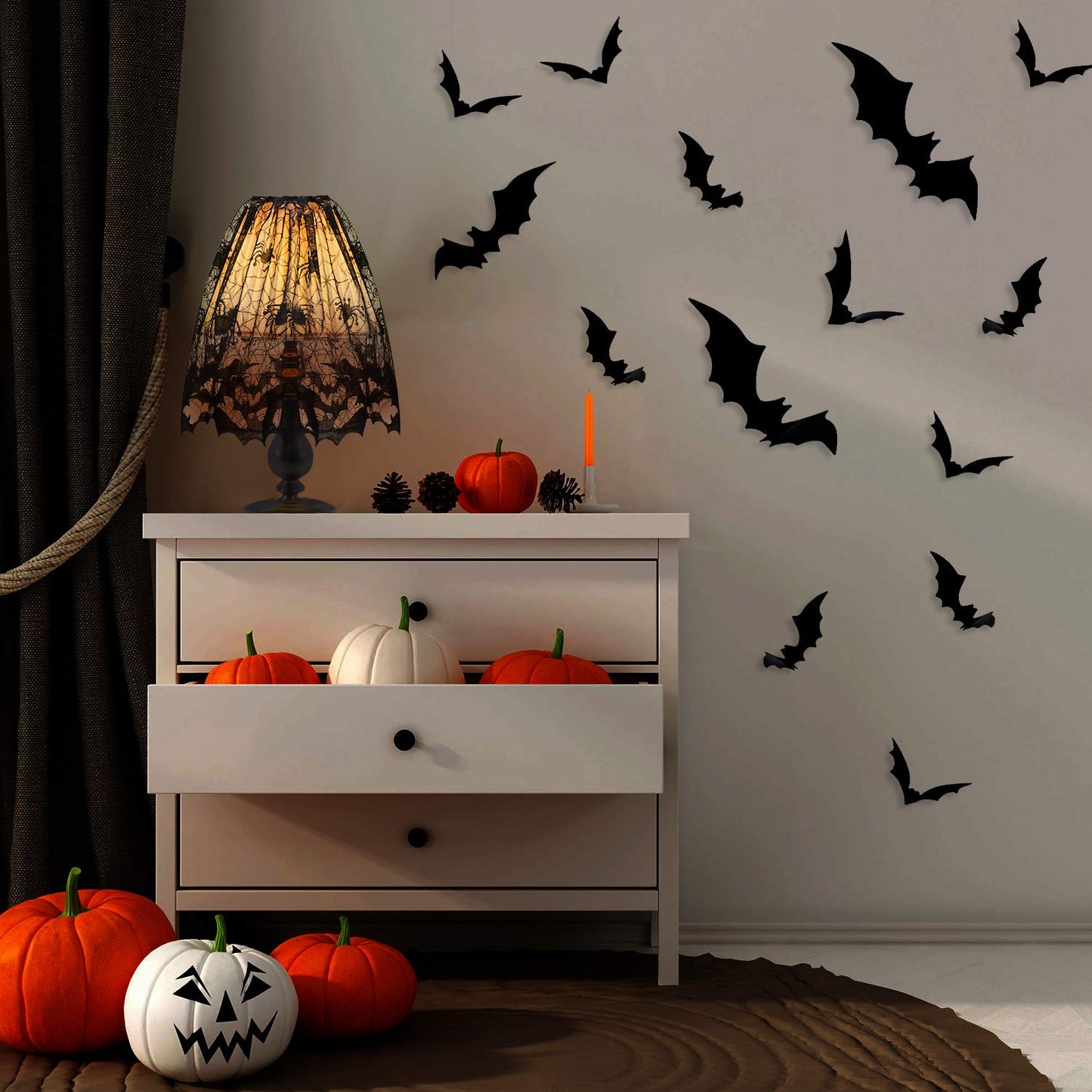 2 Pieces Halloween Lamp Shade Cover Black Lace Spider Web Lampshades Cover Topper Decoration with 60 Pieces 3D Bat Stickers for Halloween Party Indoor Decor