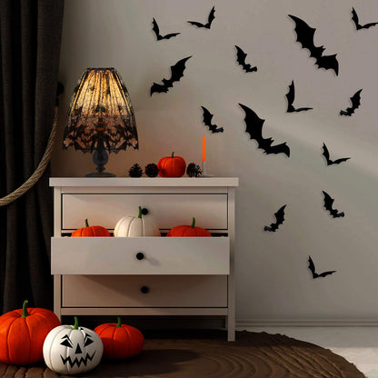 2 Pieces Halloween Lamp Shade Cover Black Lace Spider Web Lampshades Cover Topper Decoration with 60 Pieces 3D Bat Stickers for Halloween Party Indoor Decor