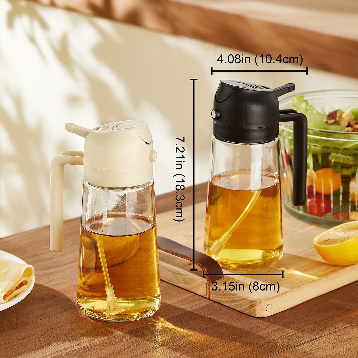 TrendPlain 16oz/470ml Glass Olive Oil Sprayer for Cooking - 2 in 1 Olive Oil Dispenser for Kitchen Gadgets, Air Fryer, Salad, and BBQ - Black