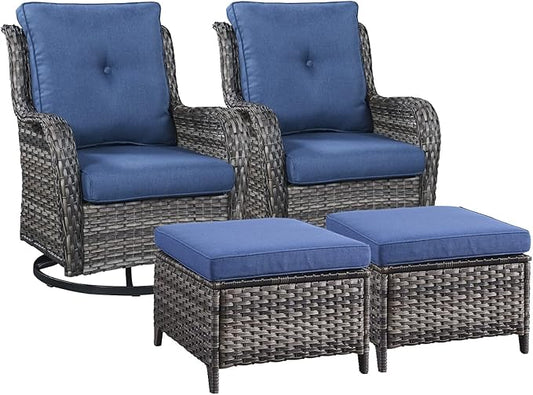 Rilyson Wicker Patio Furniture Set - 4 Piece Rattan Outdoor Sectional Conversation Sets with 2 Swivel Rocking Chairs,2 Ottomans for Porch Deck Garden(Mixed Grey/Blue)