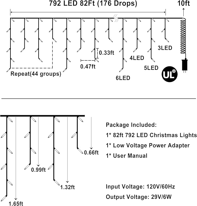 792 LED Christmas Lights with 176 Drops,82ft 8 Modes Fairy Hanging String Lights with Timer Waterproof, Plug-in Christmas String Lights for Holiday Wedding Party Christmas Decoration Blue & CoolWhite