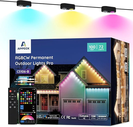 APPECK Permanent Outdoor Lights Pro 100ft, 72W RGBCW Eaves Lights with 72 LED Lights, 80lm, Cuttable, 111 Scene Modes, IP67 Waterproof Lighting for Halloween Decoration, Work with Alexa, Black