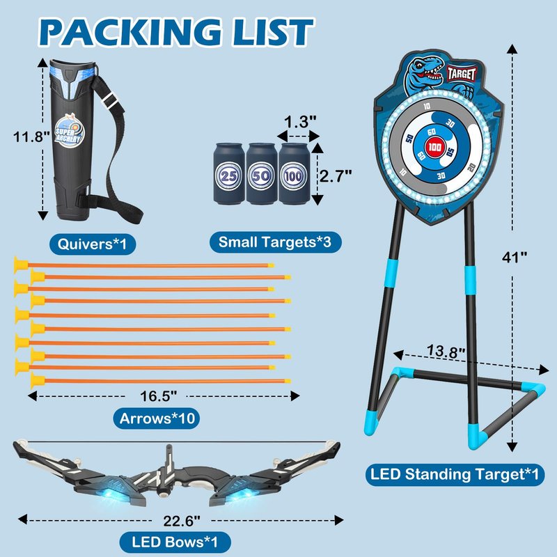 VROGTIK Kids LED Archery Set with Standing Target, 10 Suction Cup Arrows Bow and Arrow for Kids 3-12, Indoor Outdoor Sport Toy for Boys Girls