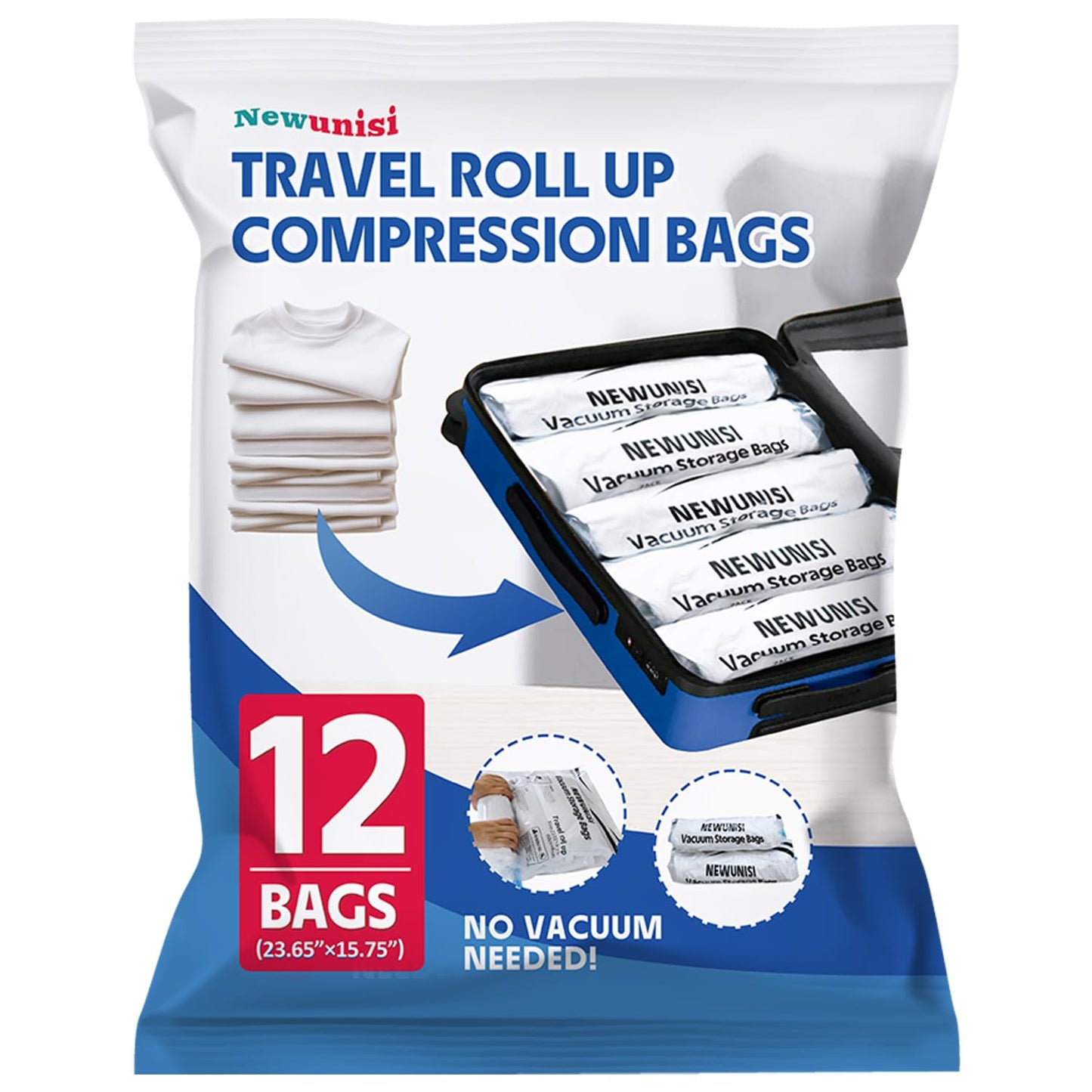 12 Pack Compression Bags, Travel Roll Up Reusable Travel Space Saver Vacuum Storage Bags for Luggage, Camping, and Storage (No Vacuum or Pump Needed).