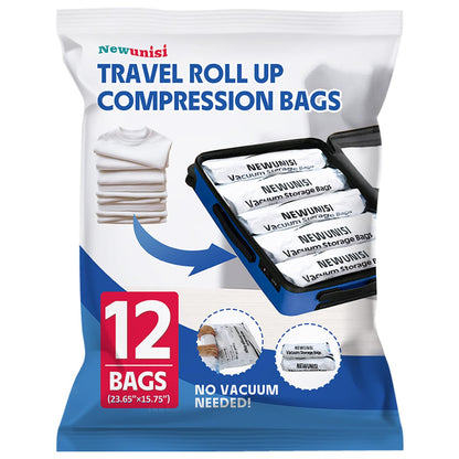 12 Pack Compression Bags, Travel Roll Up Reusable Travel Space Saver Vacuum Storage Bags for Luggage, Camping, and Storage (No Vacuum or Pump Needed).