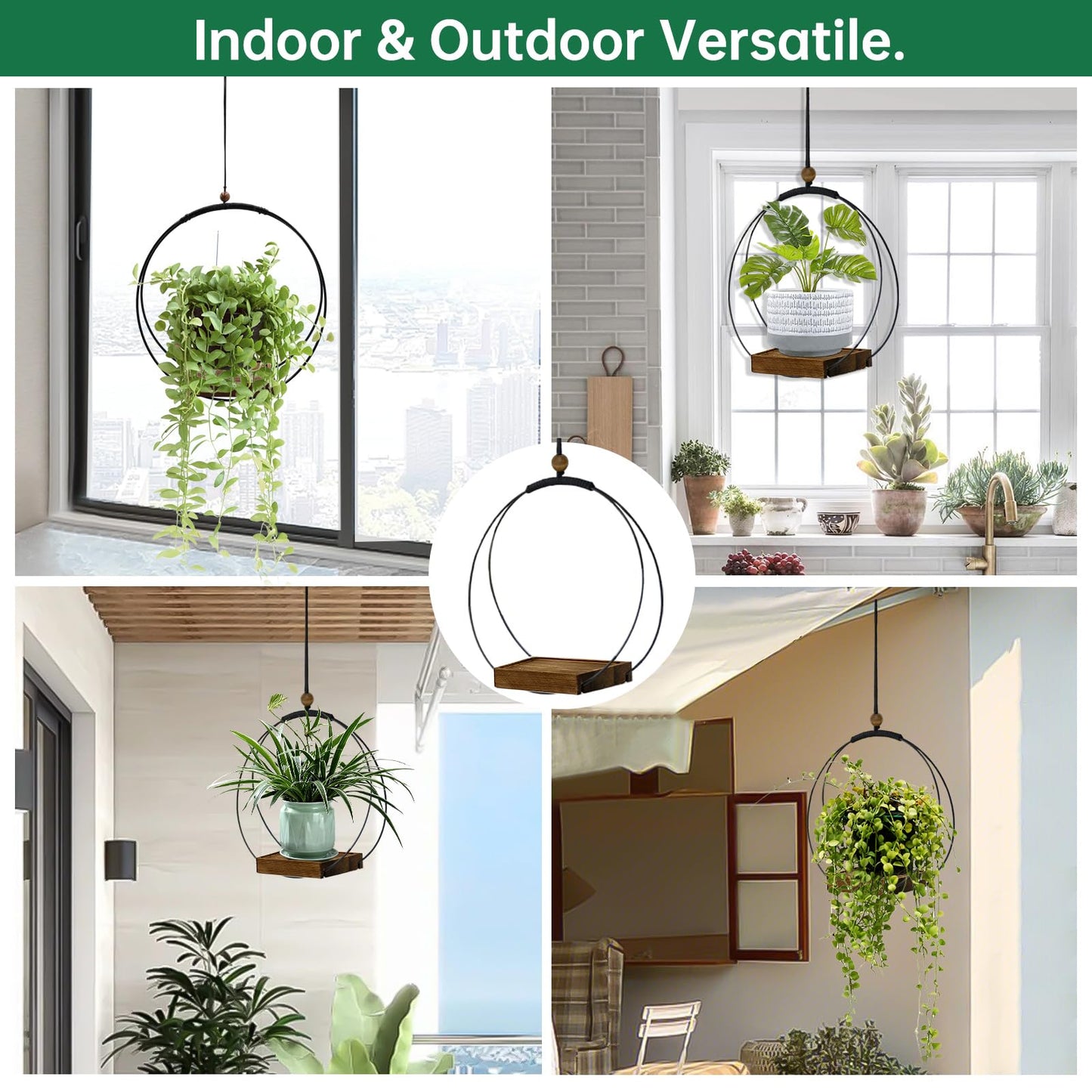 hismocal Hanging Planter for Indoor Plants, Black Plant Hanger Indoor with Sturdy Wood Base, Modern Boho Macrame Plant Hanger, Hanging Wall Ceiling Window Home Decor (Plants/Pots Not Included)