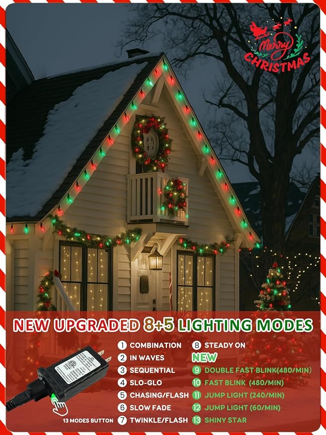 Upgraded 250 LED C6 Connectable Christmas String Lights Red and Green, 82FT Waterproof Christmas Twinkle Light Outdoor, Plug in Fairy Lights Indoor with 13 Modes & Timer for Christmas Tree Decorations