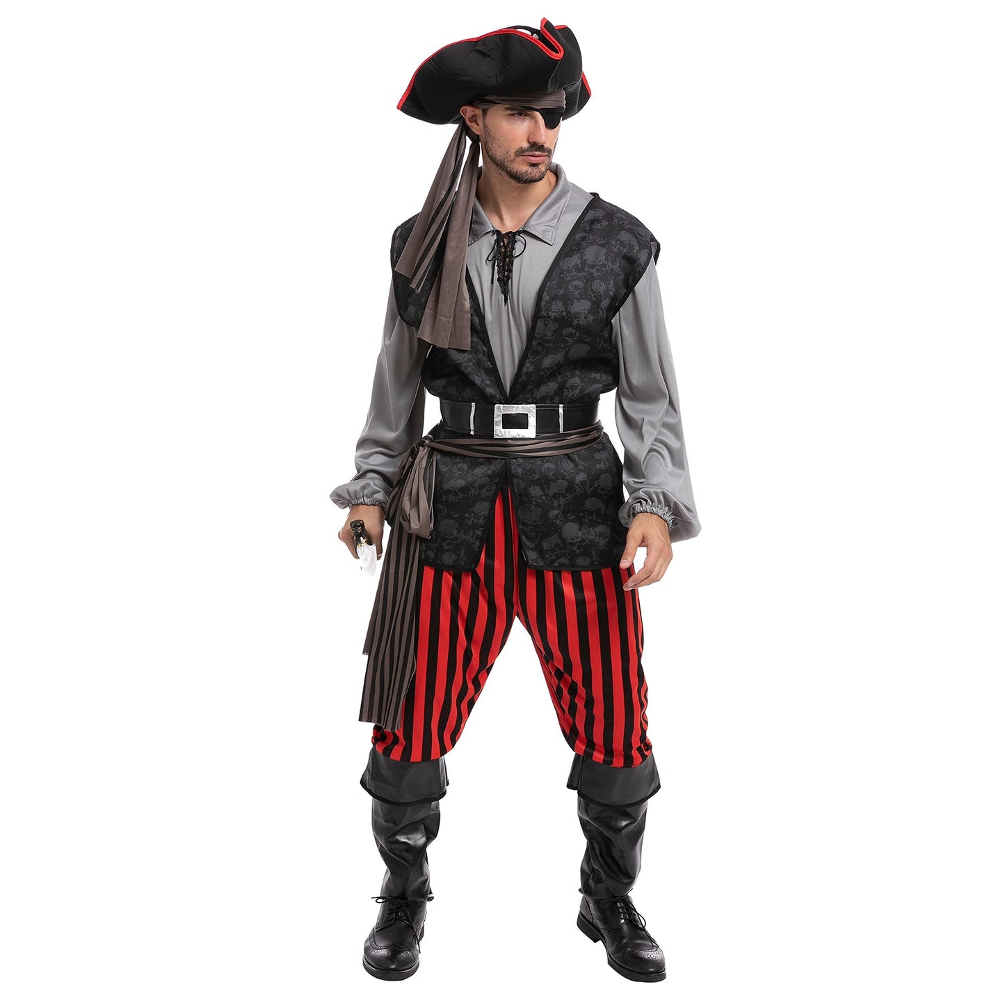 Spooktacular Creations Men Pirate Costume, Adult Grey Pirate Shirt Vest Viking Pants Hat Accessories Set for Halloween Themed Trick or Treating Cosplay Parties (Large)