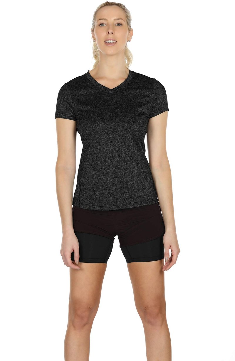 icyzone Workout Shirts Yoga Tops Activewear V-Neck T-Shirts for Women Running Fitness Sports Short Sleeve Tees (XL, Black/Granite/Blue)