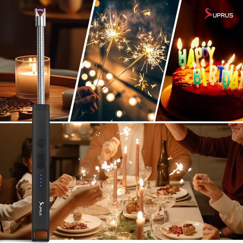 Rechargeable Electric Arc Candle Lighter - Triple Safety Design, Stainless Steel Shell | Black