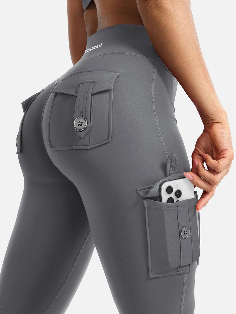 YEOREO CoreFlex Women Workout Flare Leggings with Pockets Hidden Scrunch High Waisted Cargo Gym Yoga No Front Seam Leggings Grey S