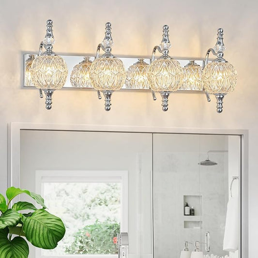 Modern Crystal Bathroom Vanity Lights Fixtures Over Mirror Chrome Vintage 4-Lights 28 Inch Bathroom Light Fixtures Glass Crystal Vanity Lights