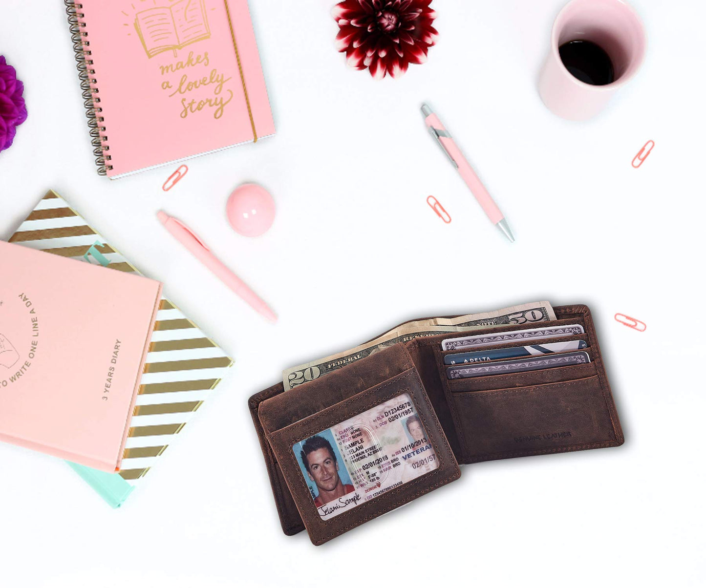 Bifold Wallet for Men's Real Genuine Slim Leather RFID Blocking 2 ID Windows Stylish Travel Gift Box (CRAZY HORSE, COGNAC)