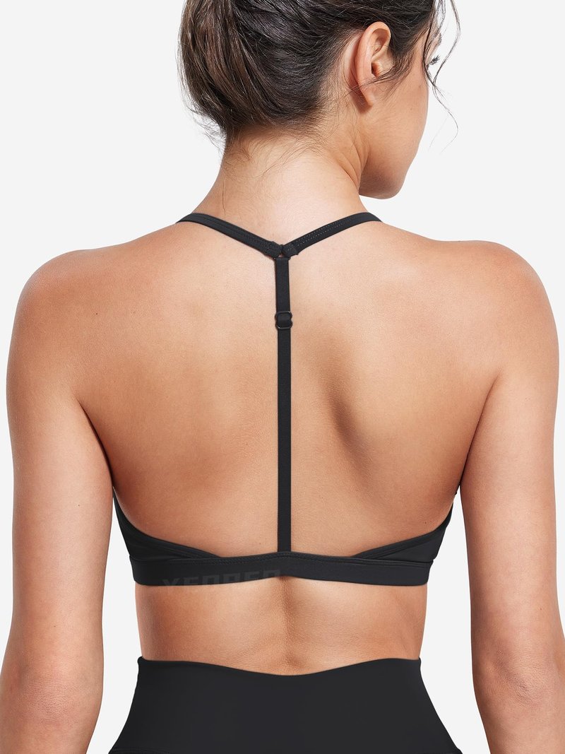 YEOREO CoreFlex Sports Bras for Women Strappy Padded Halter Open Back Light Impact Deep V Neck Yoga Workout Gym Tops Black M